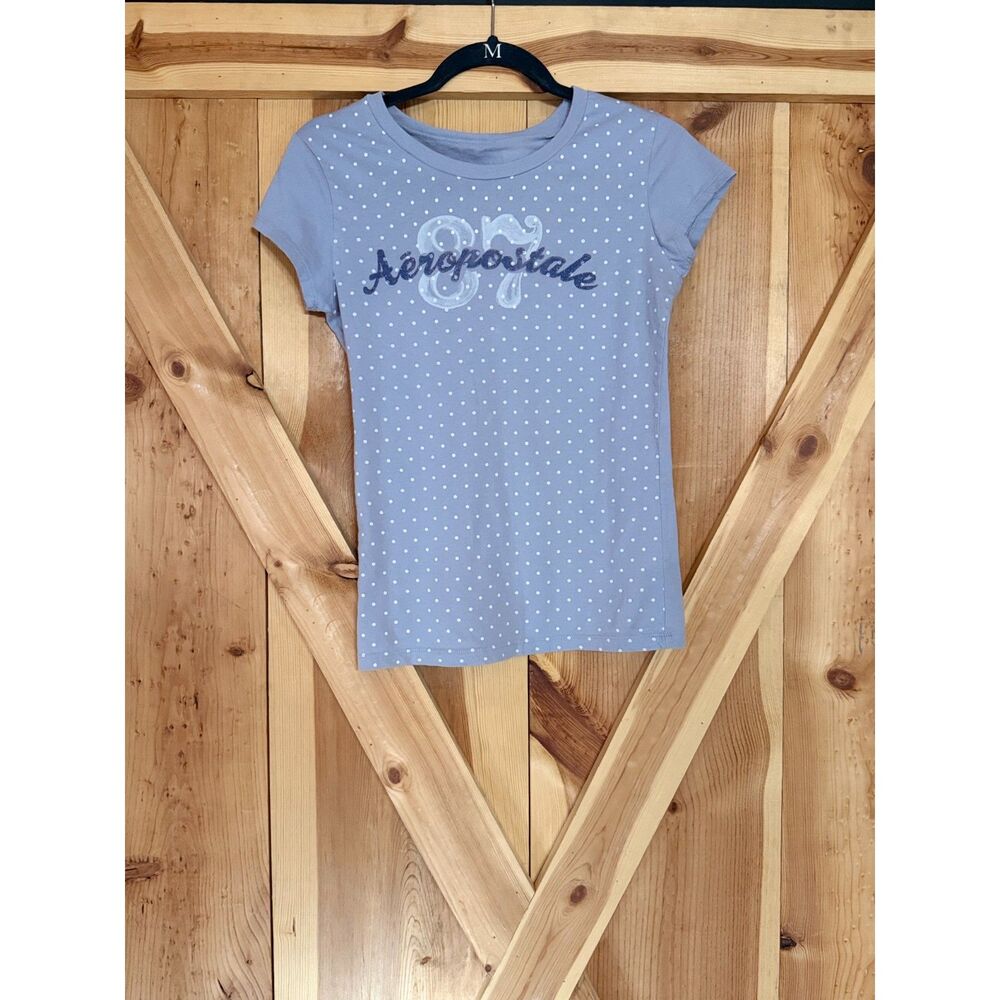 Aeropostale Y2K Polka Dot Baby Tee Shirt Large Blue Graphic Spellout 87 Vintage